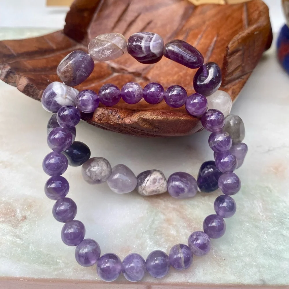 Purple Dream Amethyst Stone of Spirituality Nugget & Round Bead Bracelets 2pcs